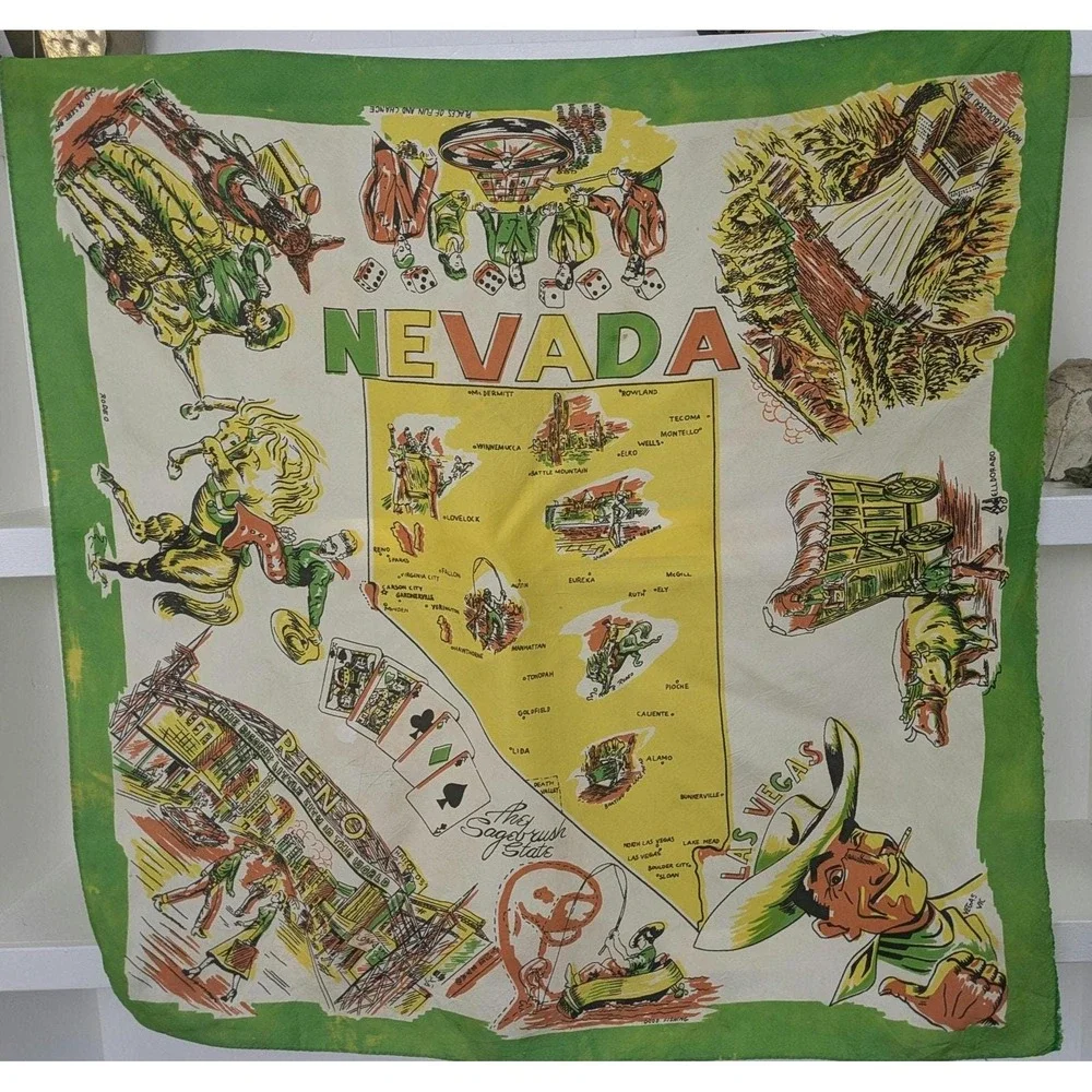 Vintage 1940's Las Vegas Nevada rayon novelty print scarf colorful